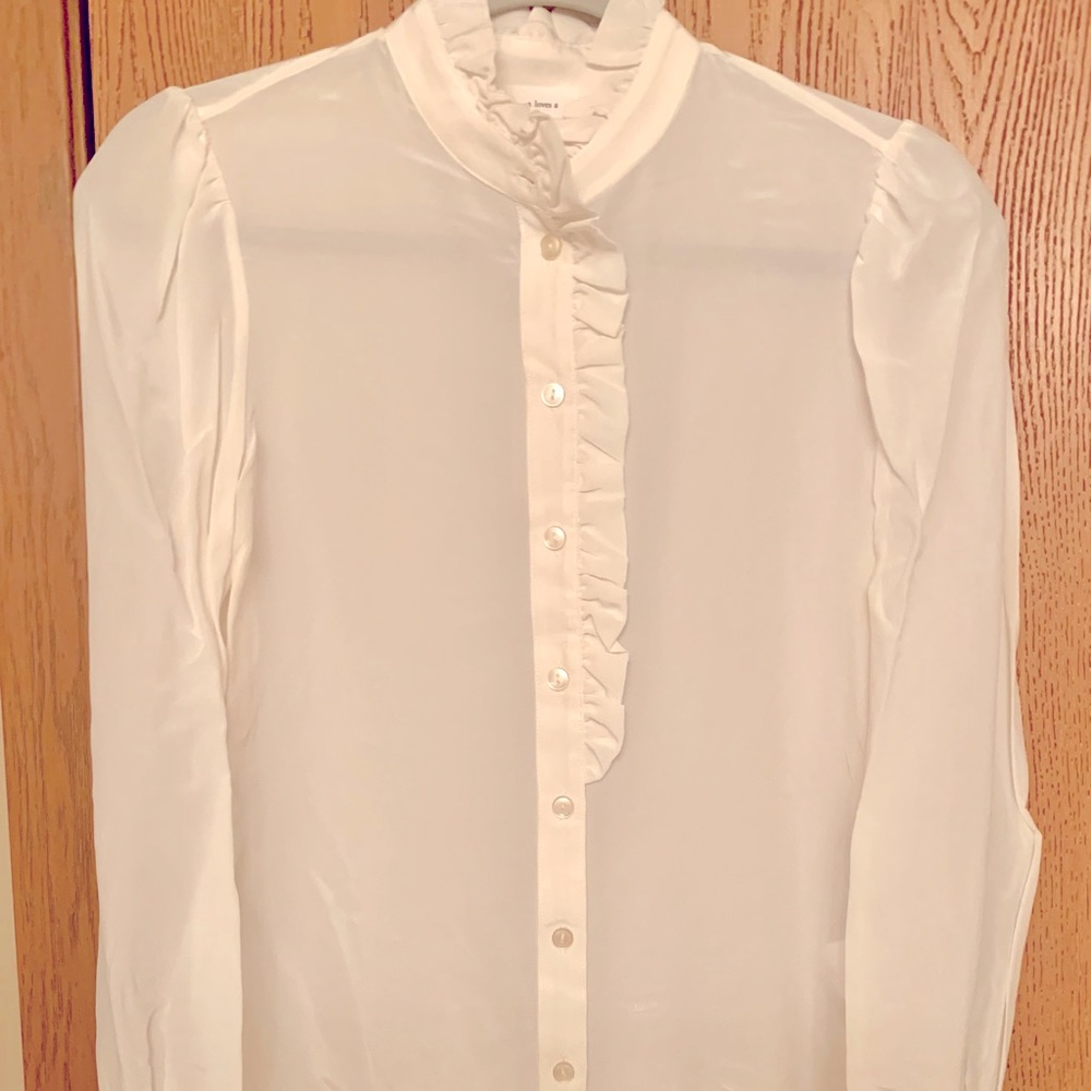 A Loves A Button Mock Neck Long Sleeve Ruffle Silk Blouse